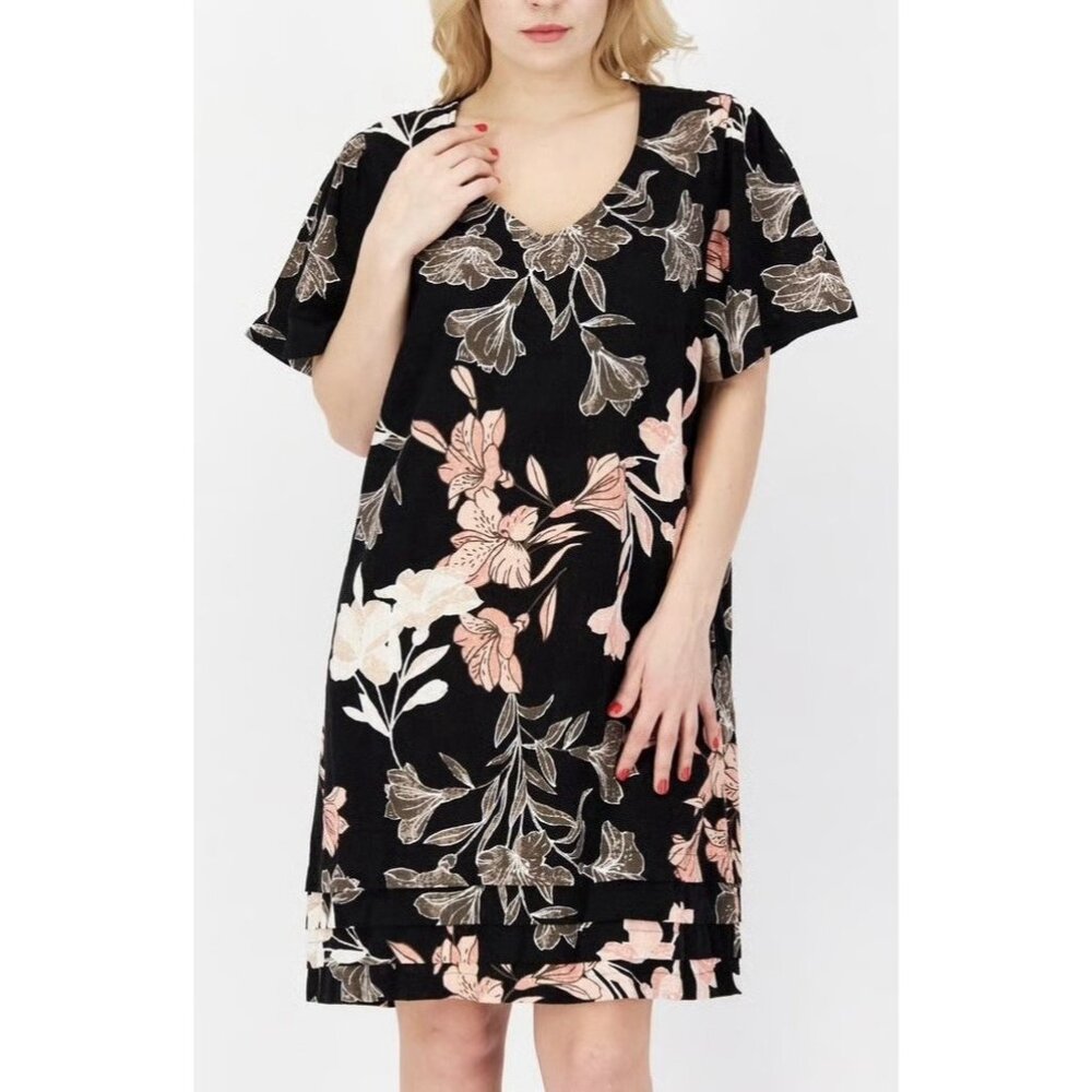 Nicole Miller Original Shift Dress Linen Blend Medium Size Floral V Neck